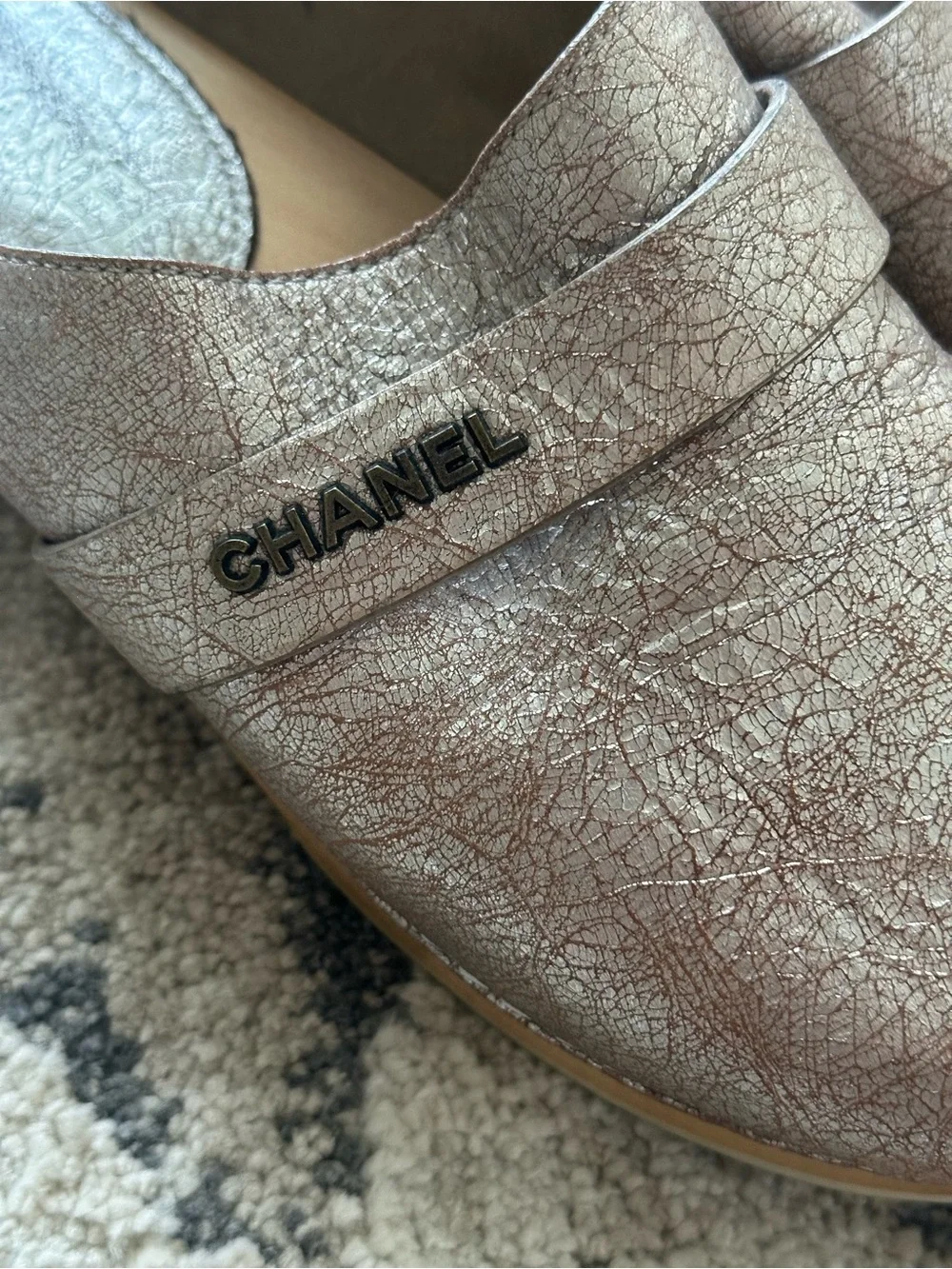 Chanel Metallic Silver Crack Leather Wooden Clogs Size 38